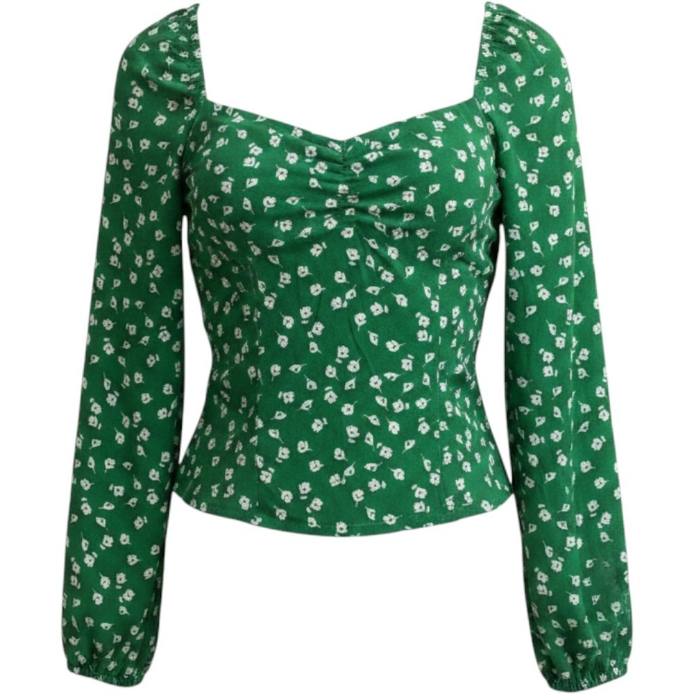 H&M Green Floral Smocked Back Long Sleeve Square Neck Blouse Top Womens Small